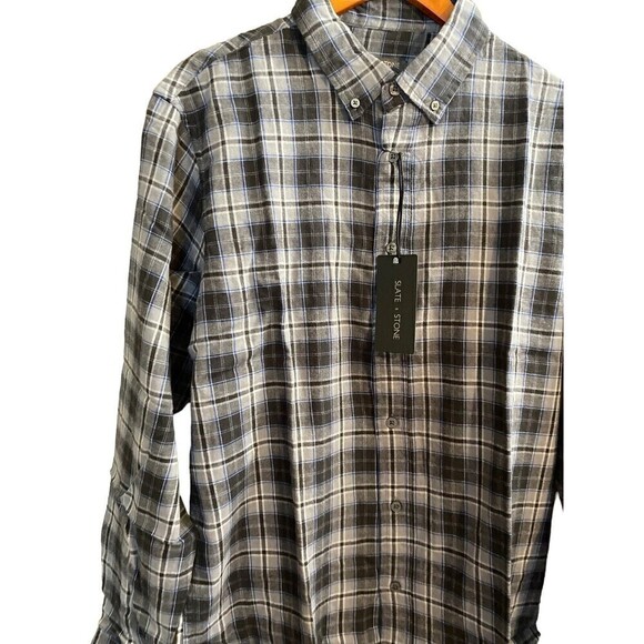 SLATE & STONE Men’s Medium Cotton FLANNEL Long Sleeve Shirt Gray Plaid NEW - Picture 2 of 8
